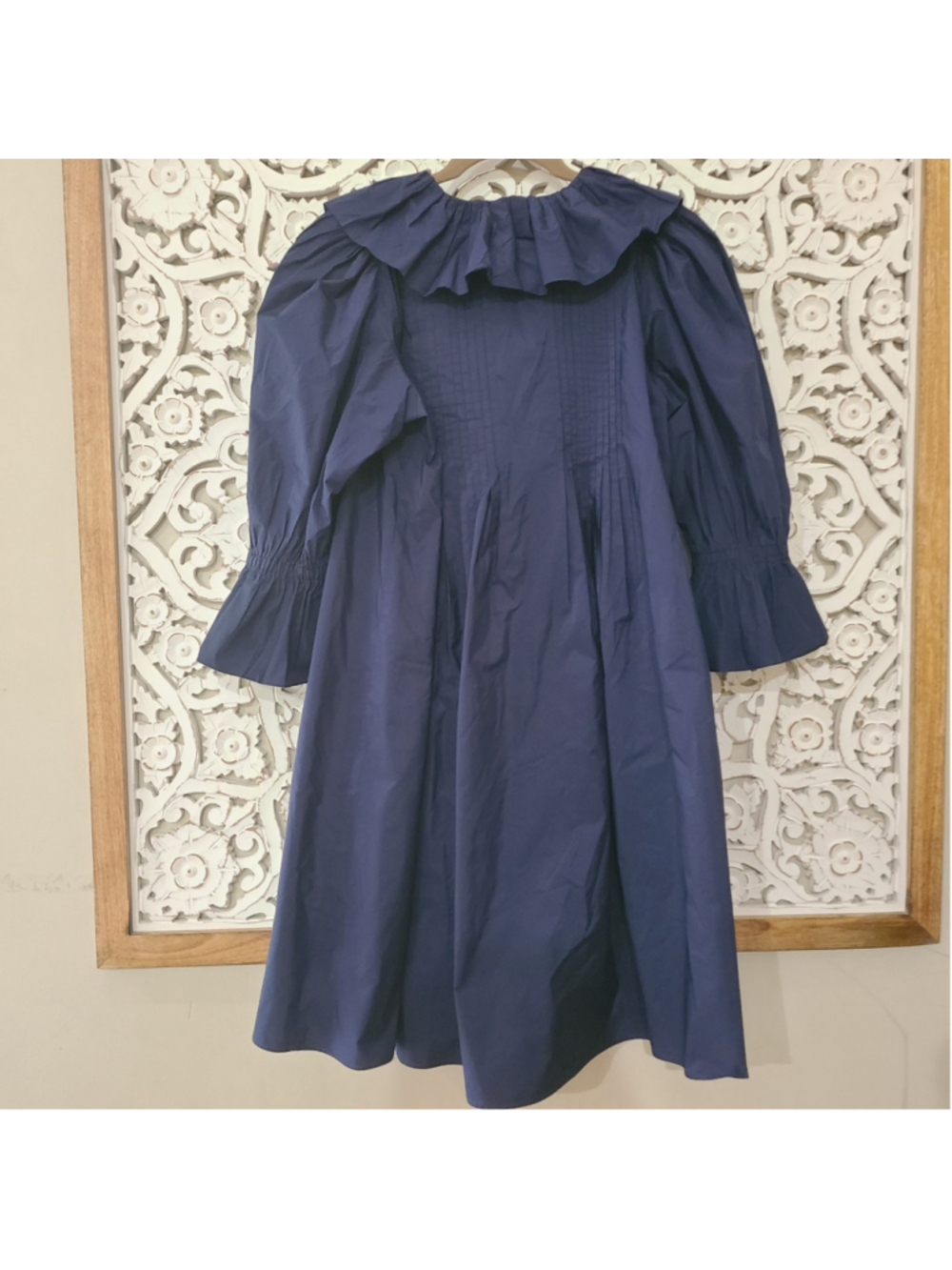 Hunter Bell Sullivan Ruffled Neck Puff Sleeve Mini Dress Navy Blue SZ Medium - Picture 4 of 10